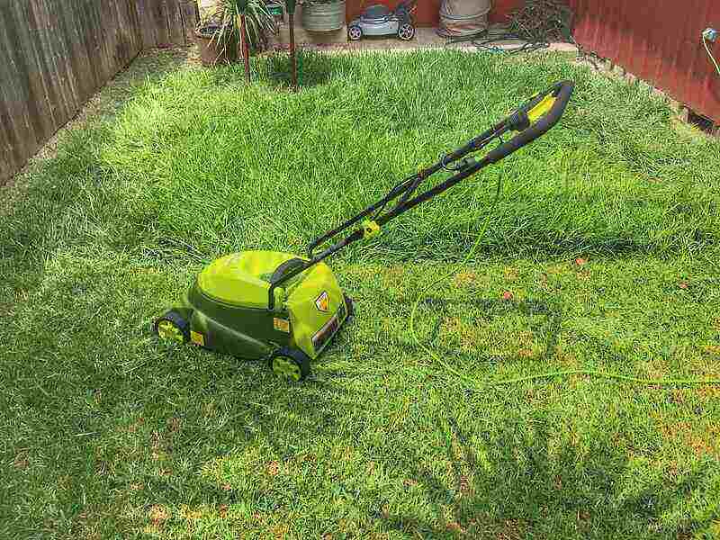 绿色电动割草机坐在一半的草坪修剪