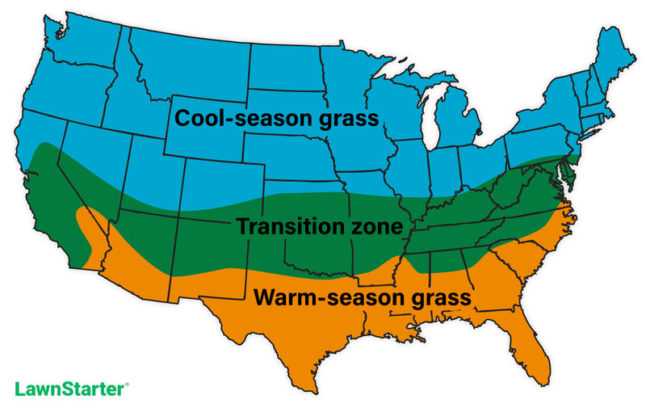 美国地图，显示了冷季草，暖季草和过渡区。
