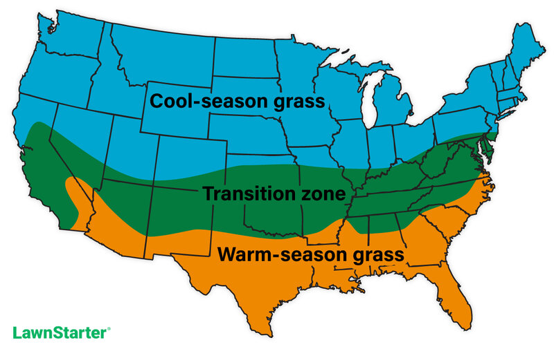 显示冷季草、暖季草和过渡区的美国地图。