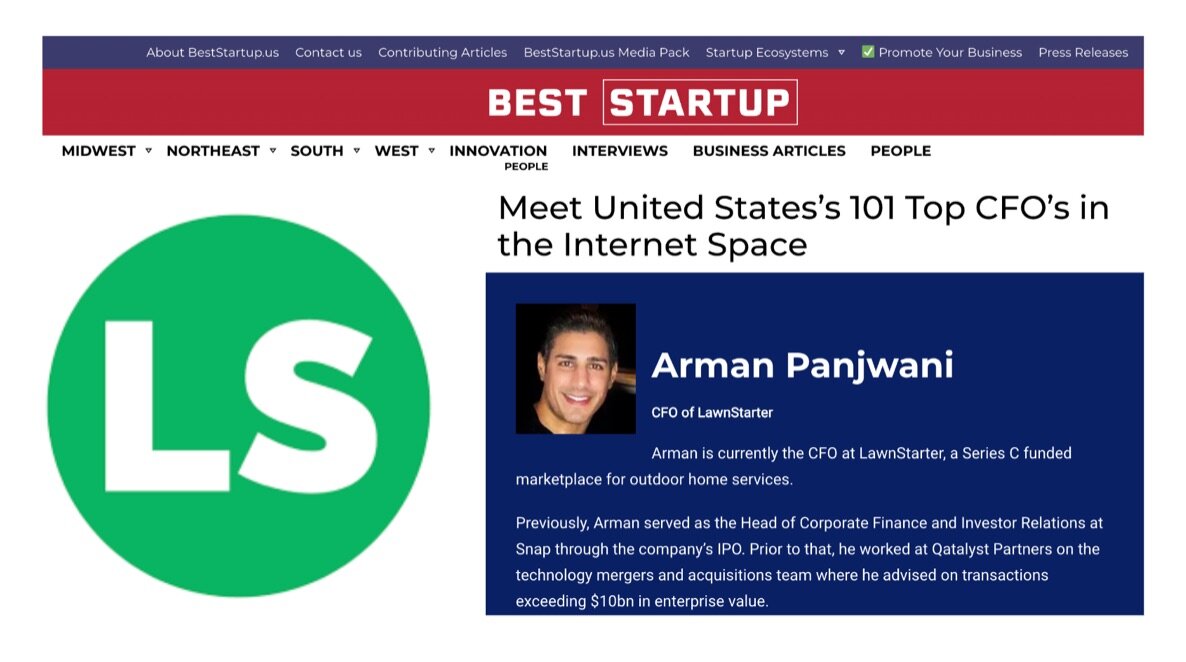 Arman Panjwani, ManBetX万博官方网站LawnStarter首席财务官照片与LawnStarter标志与美国最佳创业公司标志
