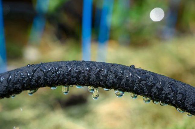 水滴从黑色刚性浸泡软管与花园背景